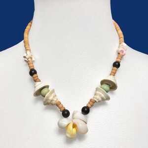 Vintage Shell Necklace Wood Bead Coastal Beach Island Surfer Handcrafted 18"